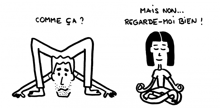 Dessin : Mi-fugue, mi-raison font du yoga