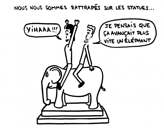 Dessin : nous sur une statue d'éléphant