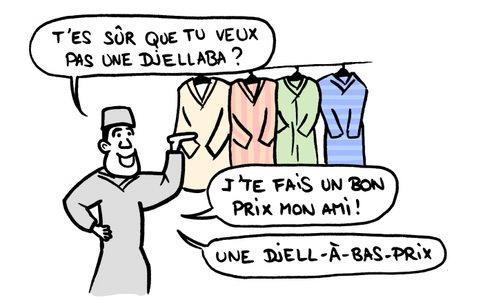 Dessin : vendeur de djellabah au souk au Maroc