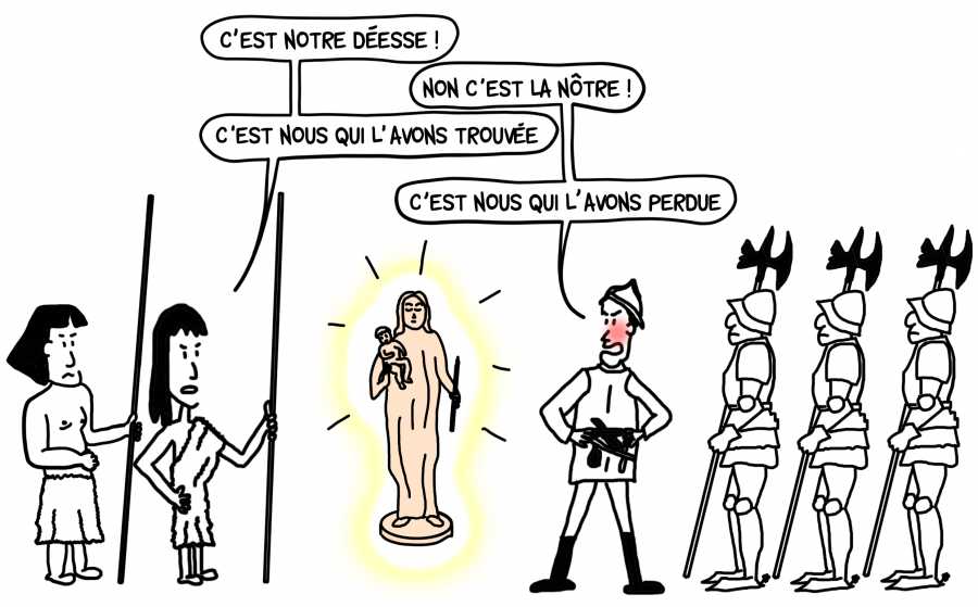 Dessin : les Guanches et les Espagnols se disputent la Madonna de Candelaria