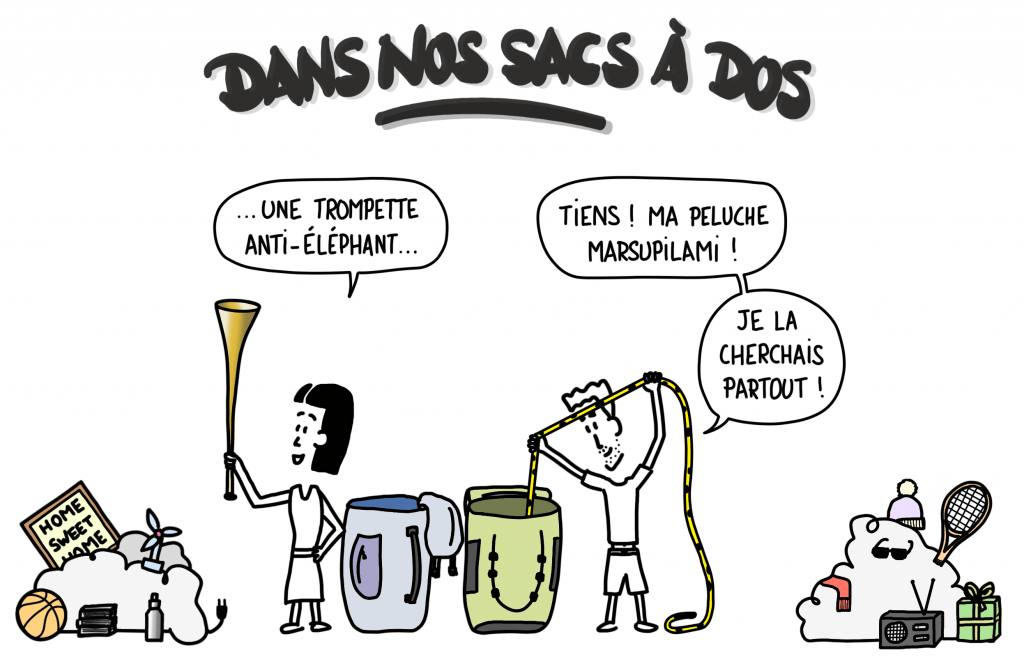 Dessin : contenu de nos sacs de voyage