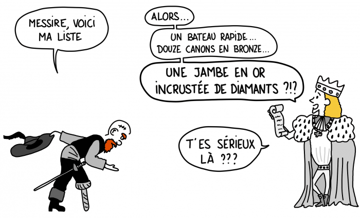 Dessin : Pirate demandant de l'aide au Roi de France