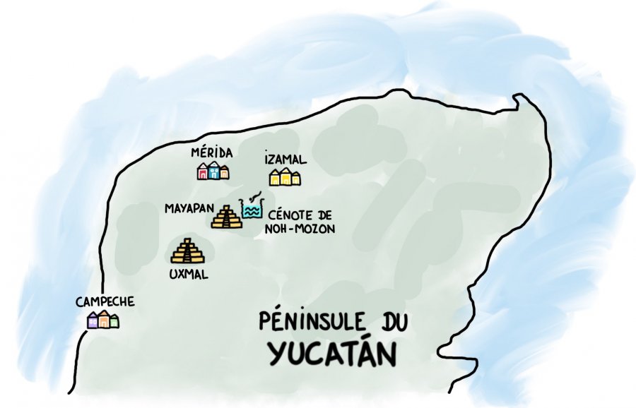 Dessin : Carte du Yucatan : Mérida, Campeche, Izamal, Uxmal, Mayapan, Noh-Mozon