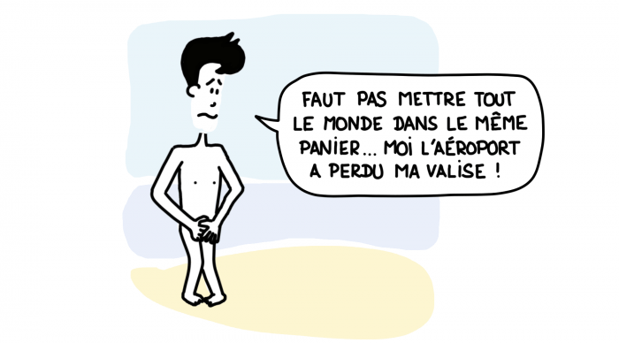 Dessin : naturiste qui a en fait oublié sa valise