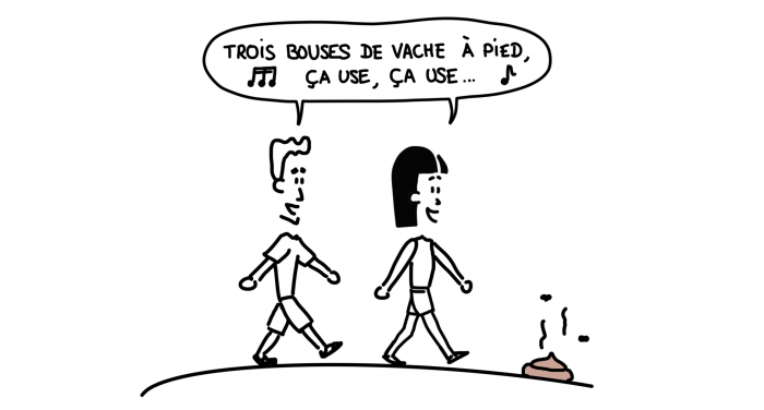 Dessin : Trois bouses de vache à pied, ça use, ça use...