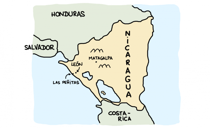 Carte de la partie nord ouest du Nicaragua : León, Las Peñitas, Matagalpa