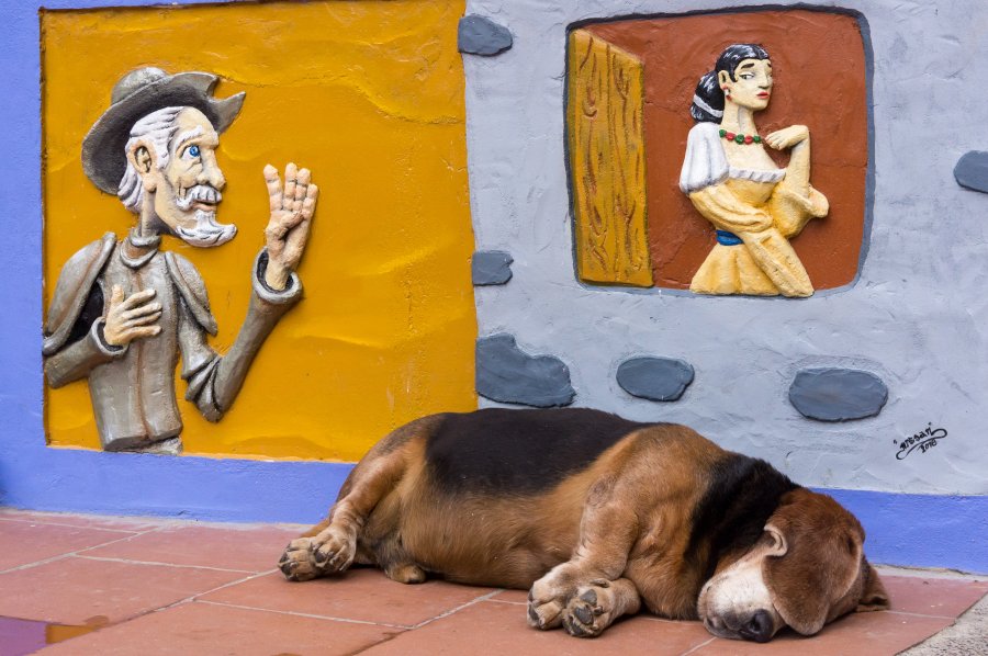 Sieste devant les zocalos de Guatapé