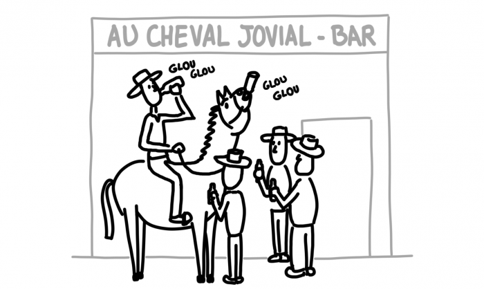 Dessin : cheval qui boit une bière avec son cavalier à Jardín