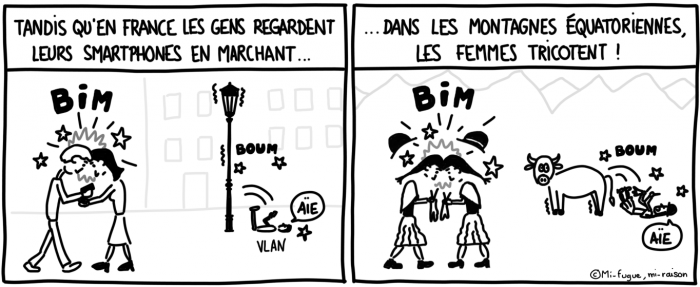 Dessin : les femmes équatoriennes tricotent en marchant