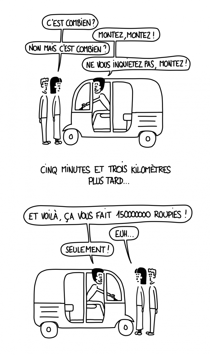 Dessin : arnaque de rickshaw