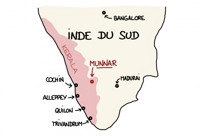 Carte de Munnar, Inde du Sud