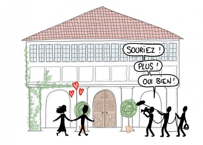 Dessin : les Indiens qui filment leur amour à Fort Cochin, Inde du Sud