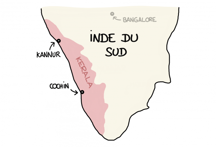 Dessin carte Cochin Kannur Inde du sud