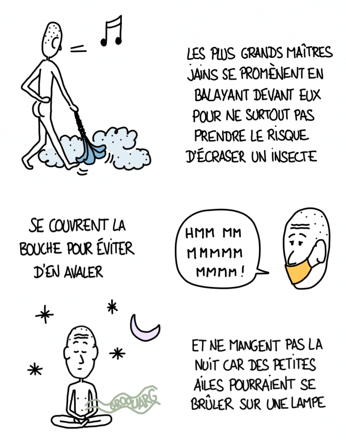 Dessin : religion Jaïn, grands maîtres et ascètes qui marchent nu, balayent devant eux et ne mange pas à la nuit tombée