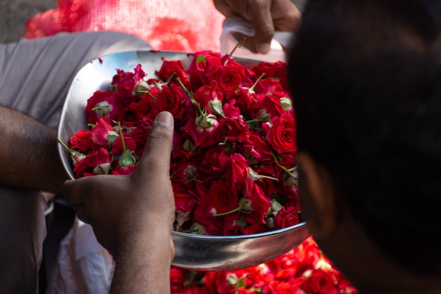 Vendeur de roses au marché de Mysore, Inde