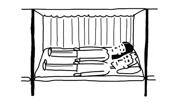Gif animé dessin : essayer de dormir dans un bus couchette en Inde