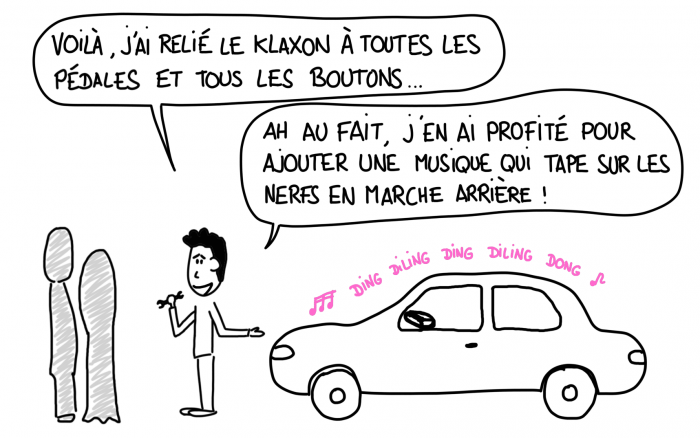 Dessin : installation d'un klaxon et d'une musique de recul sur une voiture en Inde