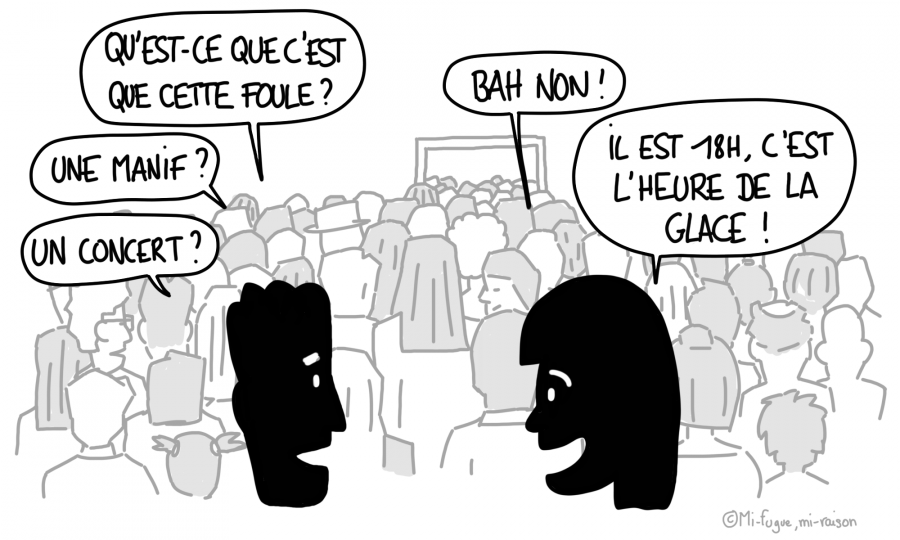 Dessin : Connaissez-vous la "passeggiata" ? Les Italiens, c'est plus fort qu'eux, sortent en masse se promener en fin de journée. Et s'il y a un glacier sur la route, c'est l'embouteillage assuré !