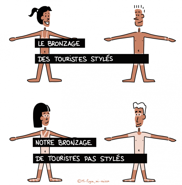 Dessin : bronzage de plagiste vs bronzage de randonneur