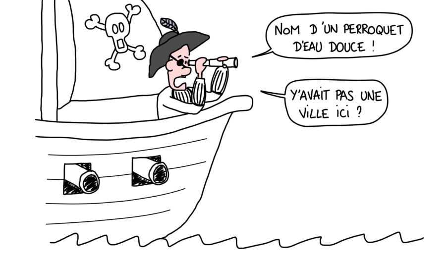 Dessin : Pirate qui approche de Cefalù et ne retrouve pas la ville