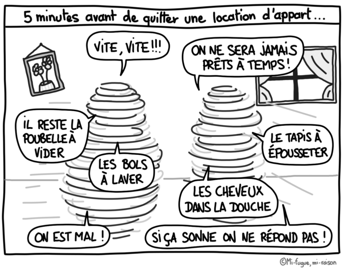 Dessin : Cinq minutes avant de quitter une location d'appartement...