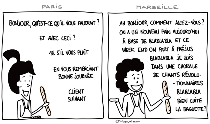 Dessin : différence entre une boulangère parisienne polie et une boulangère marseillaise... sympa !