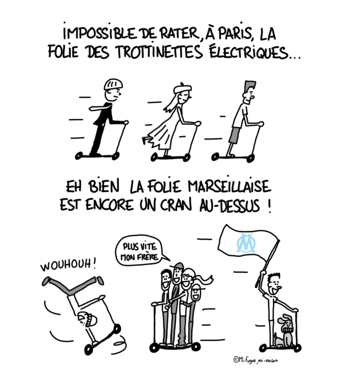 Dessin : la trottinette électrique à Paris Vs à Marseille