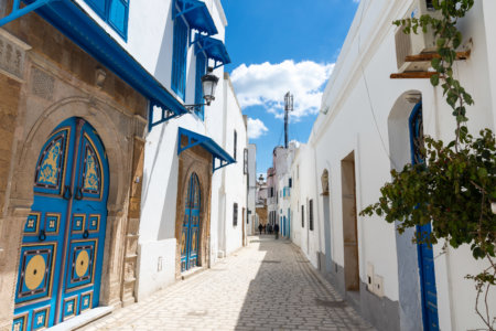 Ruelles bleues et blanches dans la médina de Tunis