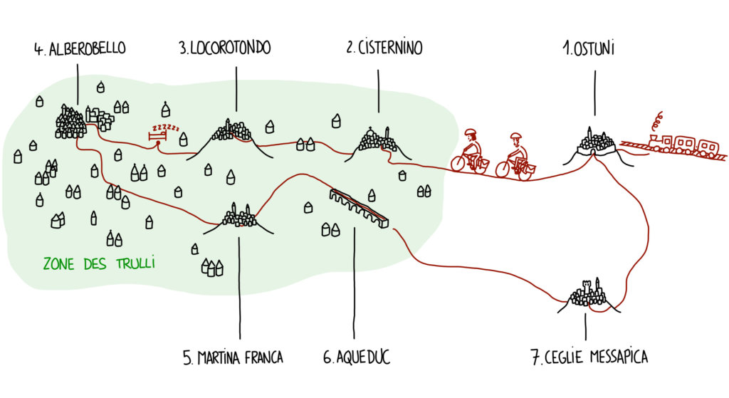 Carte de notre circuit à vélo dans les Pouilles, entre les trulli et les plus beaux villages blancs