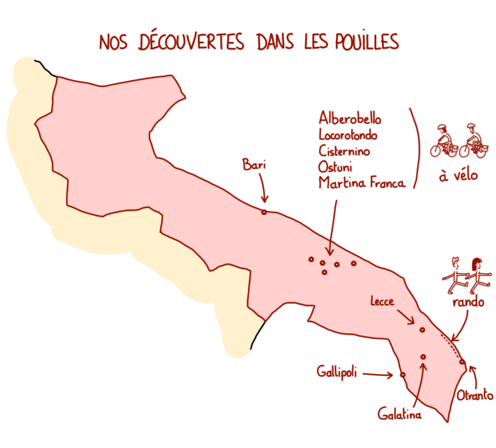 Tous nos conseils pour visiter les Pouilles dans notre article. Carte représentant les villes visitées