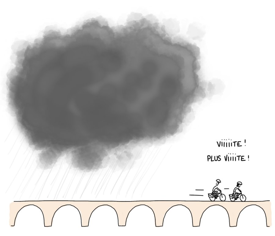 Dessin : vélo et gros nuage de pluie qui nous poursuit