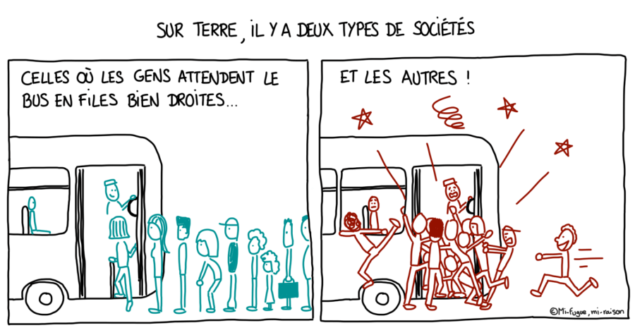 Dessin : faire une file pour attendre le bus... ou pas !