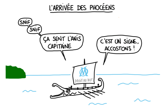 Dessin humour : l'arrivée des Phocéens à Marseille