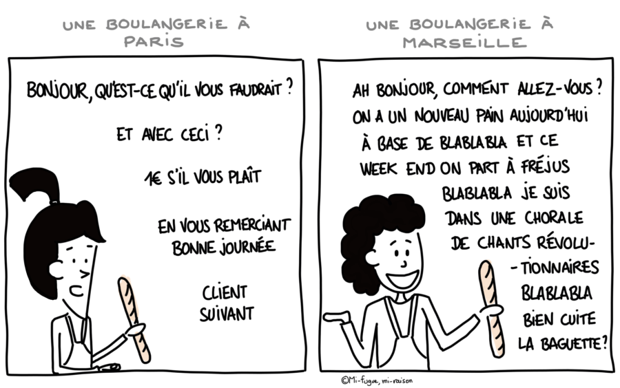 Dessin : différence entre une boulangère parisienne polie et une boulangère marseillaise... sympa !