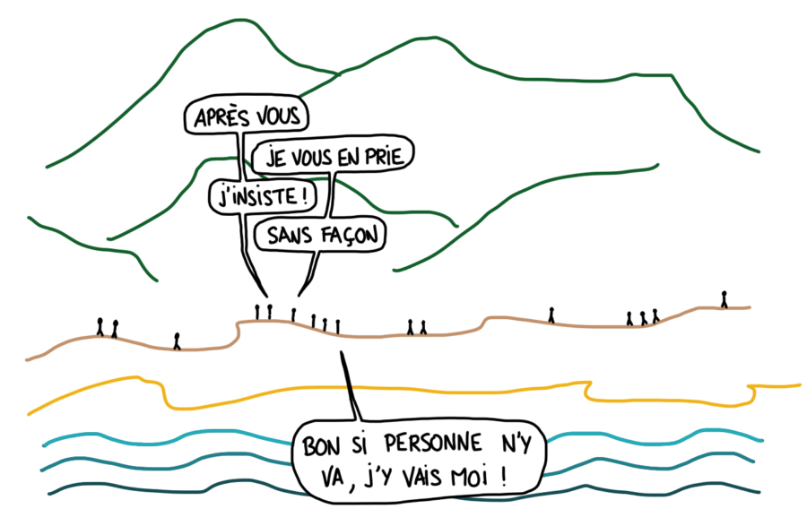 Dessin : la politesse en randonnée "après vous", "je vous en prie"