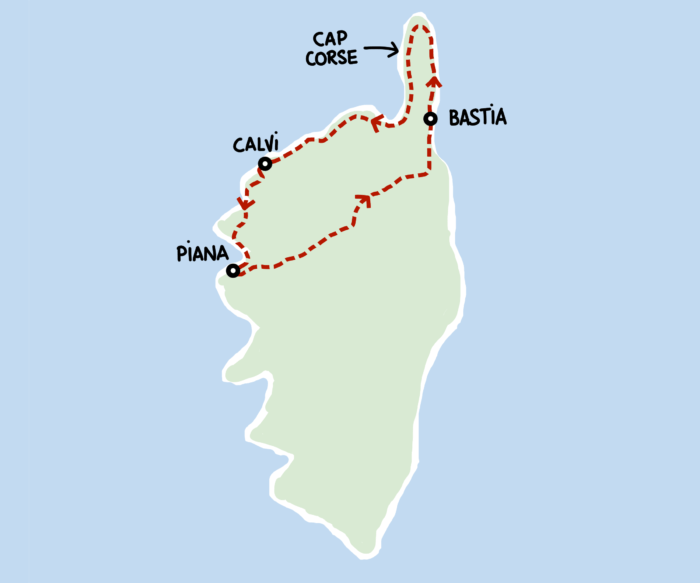 Dessin : carte de notre roadtrip en Haute-Corse