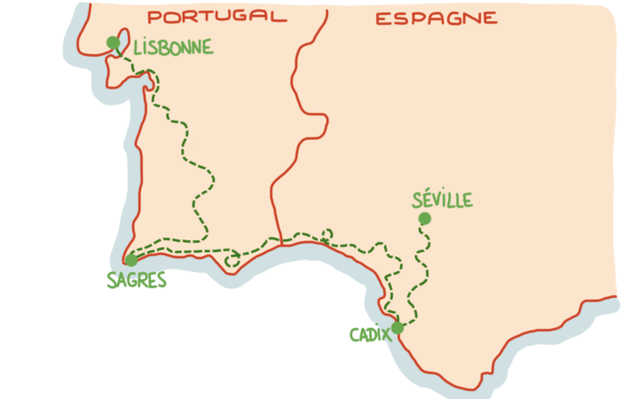 Dessin : carte de notre itinéraire à vélo dans le sud de l'Espagne et du Portugal
