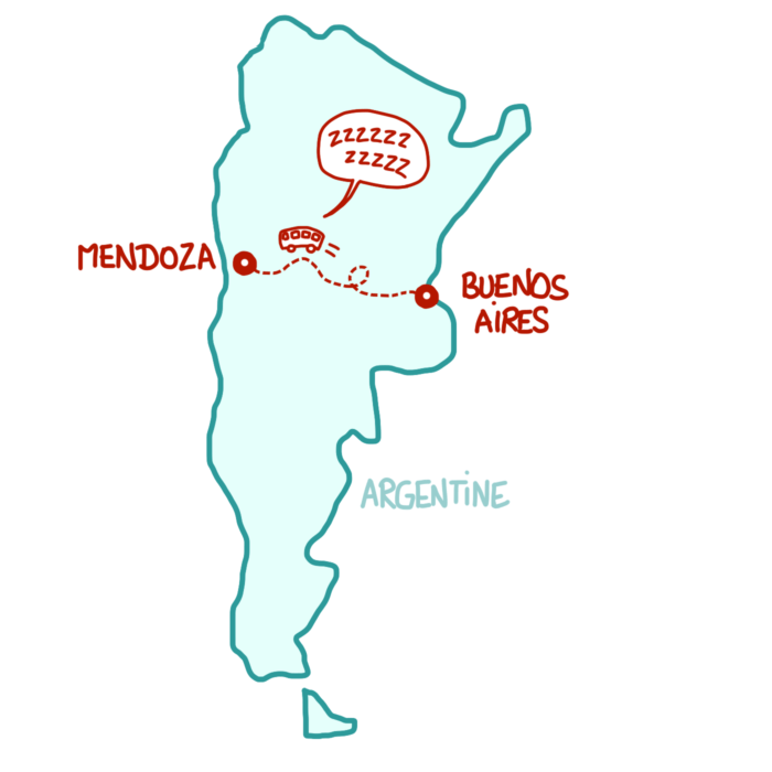 Dessin : carte d'Argentine trajet en bus vers Mendoza