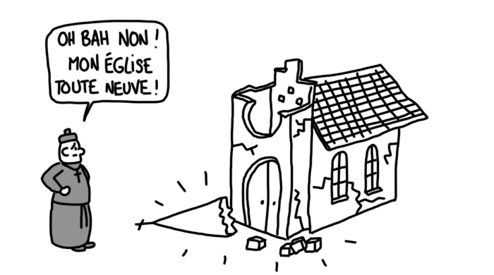 Dessin : tremblement de terre sur une église