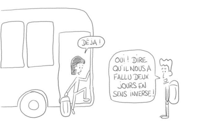 Dessin : retour de randonnée en bus