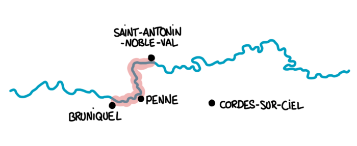 Carte : les villages visités dans les Gorges de l'Aveyron