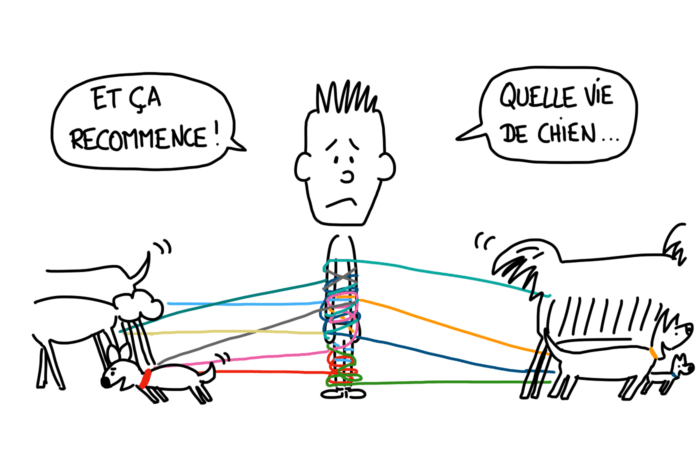 Dessin : promeneur de chien emmêlé dans les laisses