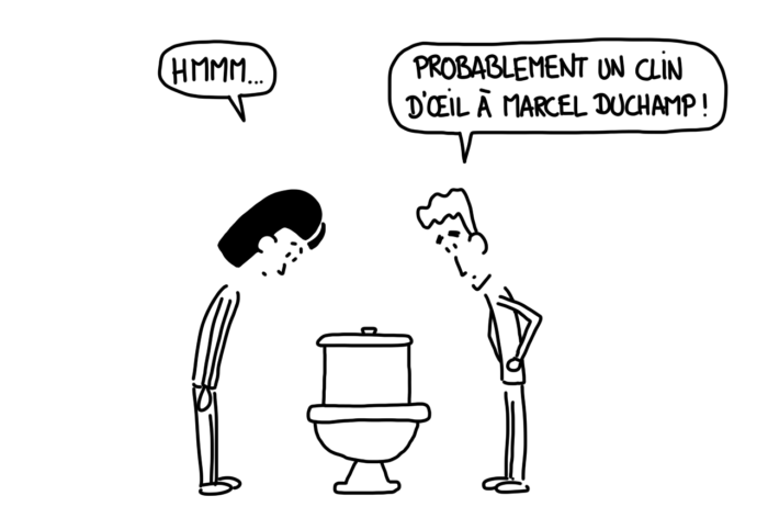 Dessin : exposition de cuvettes de toilettes Marcel Duchamp