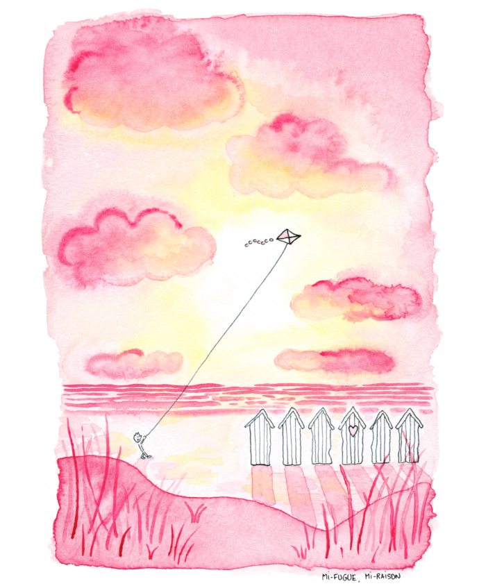 Aquarelle : cerf-volant et cabines de plage au coucher du soleil en Normandie