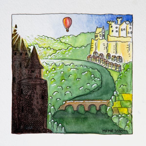 Aquarelle dessin : les châteaux de Dordogne