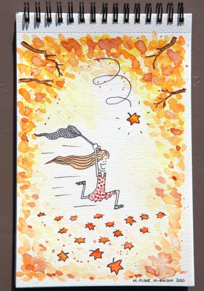 Aquarelle : fillette qui court après les feuilles d'automne