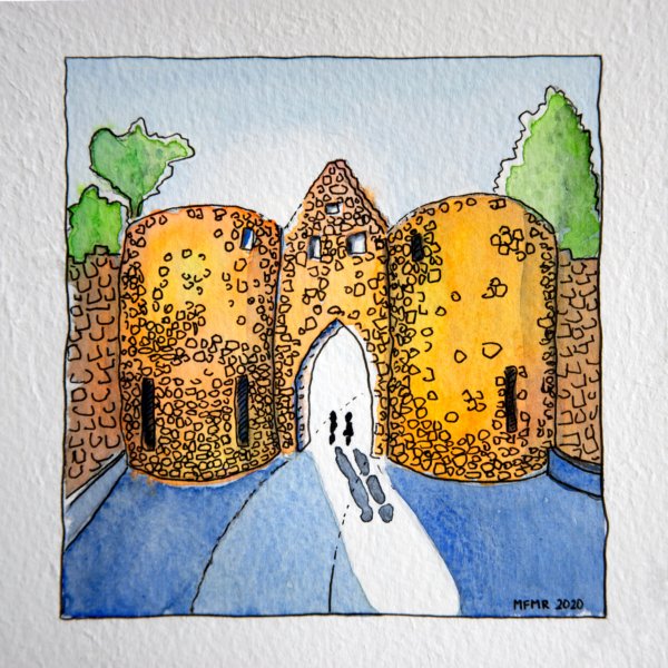 Aquarelle : porte des deux tours à Domme, Dordogne