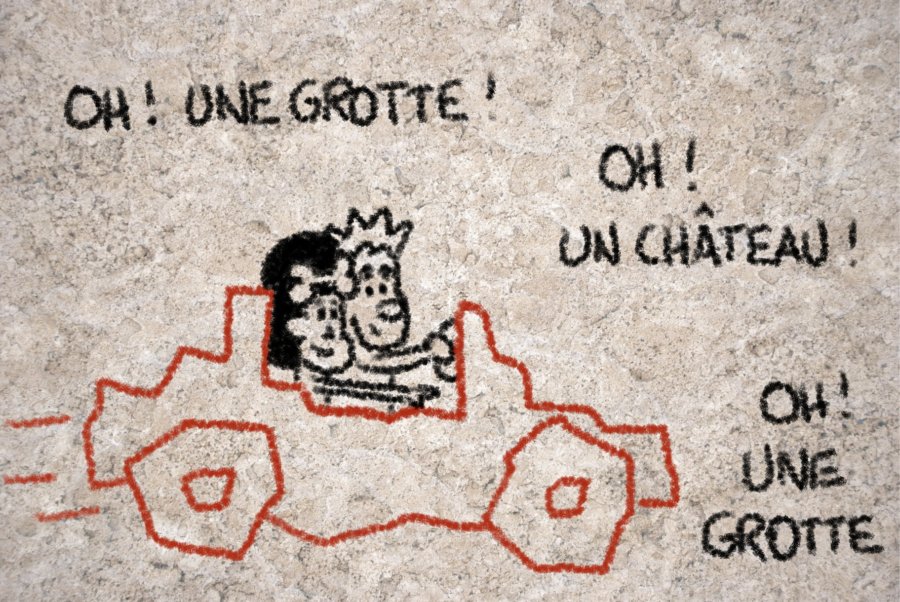 Dessin : en voiture on ne croise que des châteaux et des grottes à visiter la vallée de la Vézère