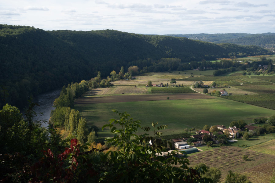 Panorama sur la vallée et le vignoble du Lot depuis Belaye