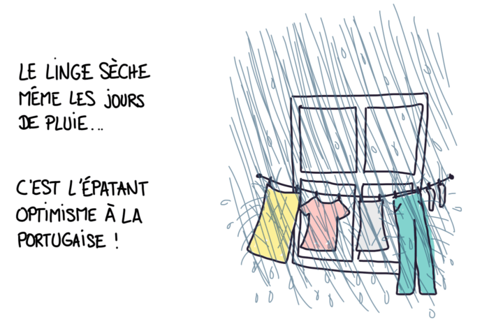 Dessin : linge qui sèche sous la pluie au Portugal